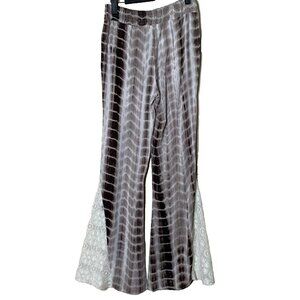 Umgee Women's Tie Dye Gauze Lace Flare Bell Bottom Boho Pants Size S Brown